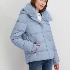 Tahari Sky Blue Puffer Jacket with Faux Fur Hood